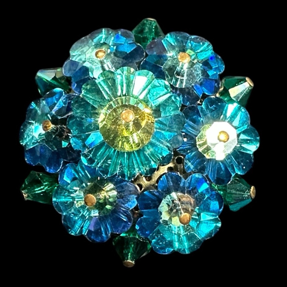 Vintage Pin Brooch margarita glass flower peacock  blue Rivoli